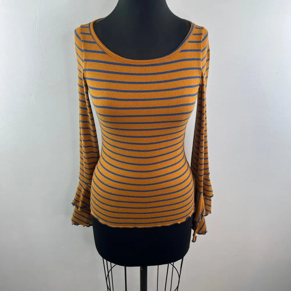 We The Free People Brown Blue Top Striped Round Neck Bell Sleeve Size XS X-Small